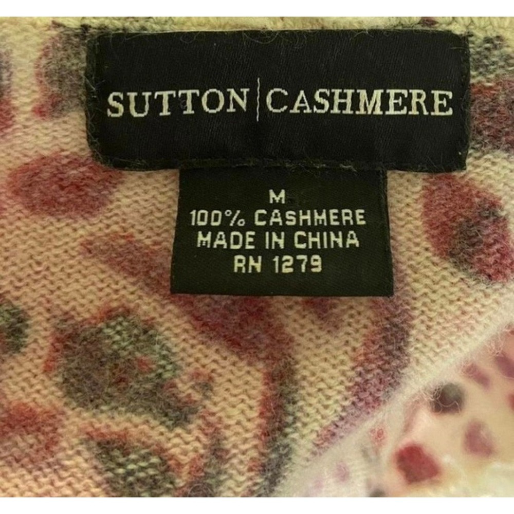 Sutton Cashmere Pink Animal Print V-Neck Fringe‎ Trim Sweater Womens Medium - Picture 3 of 4